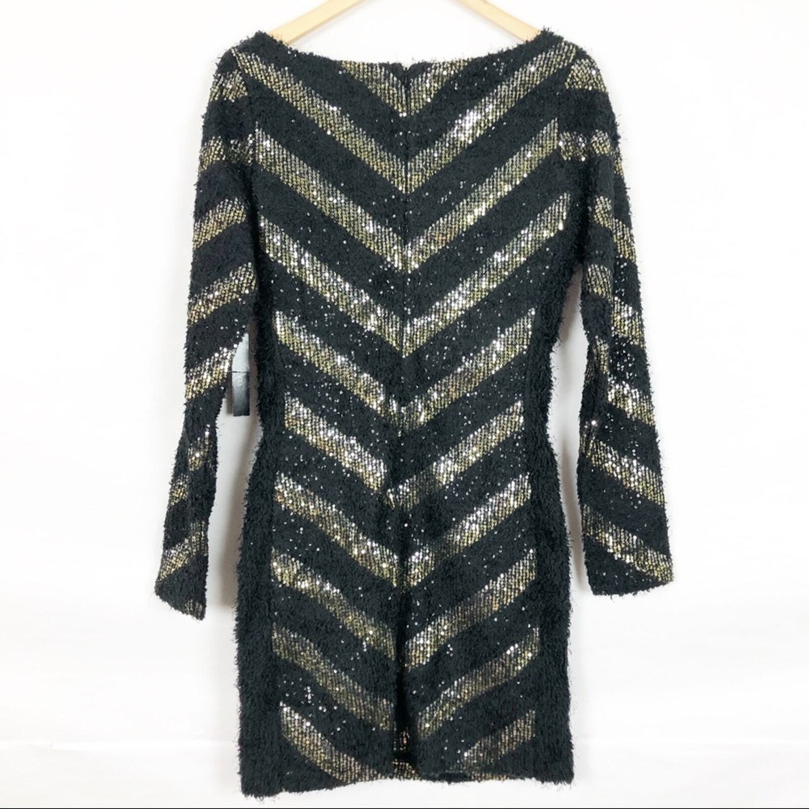 Vertigo Chevron Sequin Fuzzy Knit Sweater Mini Dress Sparkly Cozy Cocktail Small