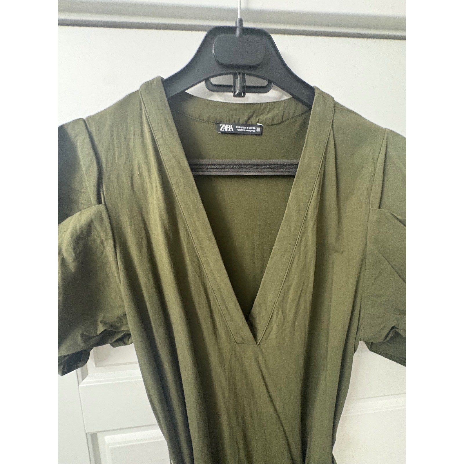 Zara Womens Olive Green Puff Sleeve V-Neck Midi Cotton Poplin Dress Size S