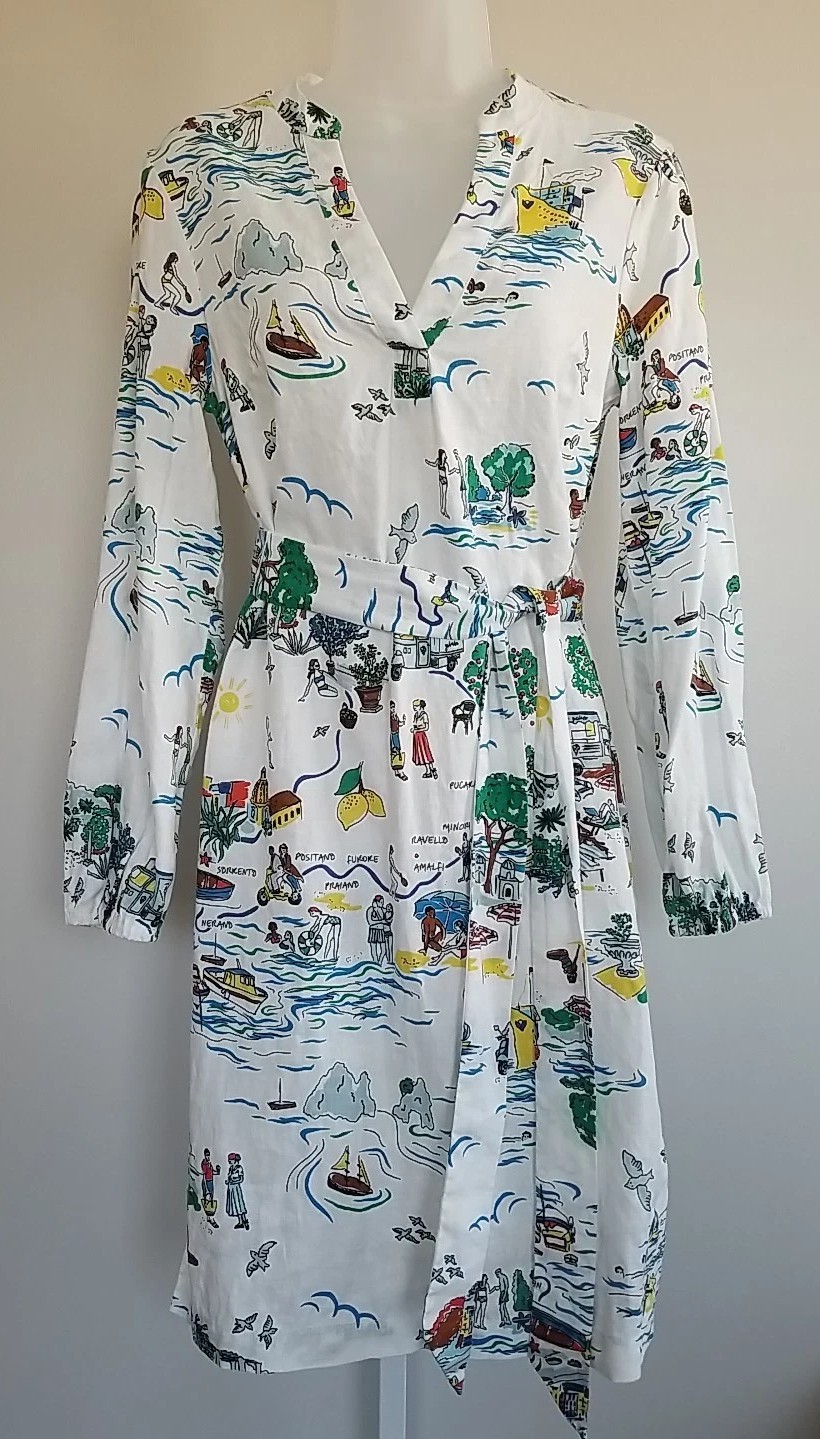 Boden Cleo Linen Tunic Dress EUC US 6L 6 Amalfi Coast Italy Scene Novelty Print