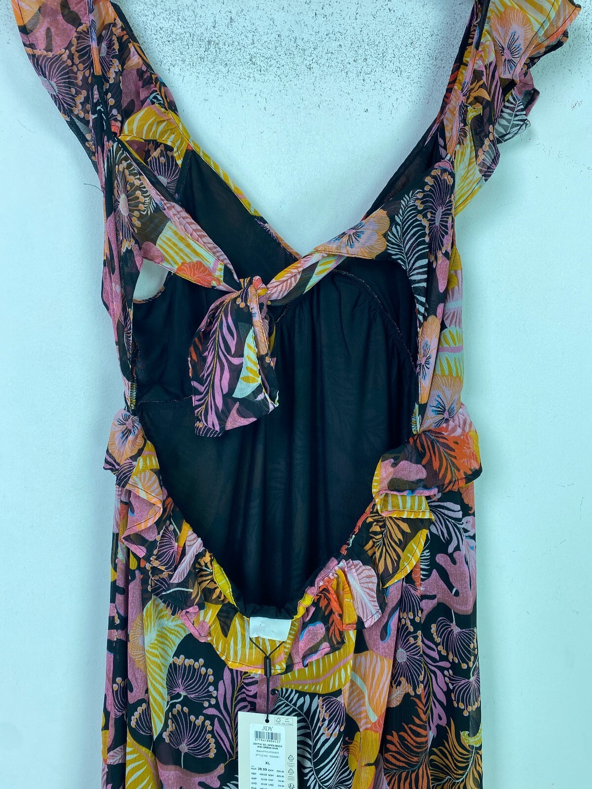 JDY Black Pink Multi Tropical Floral Midi A-Line Dress Open Back XL NEW