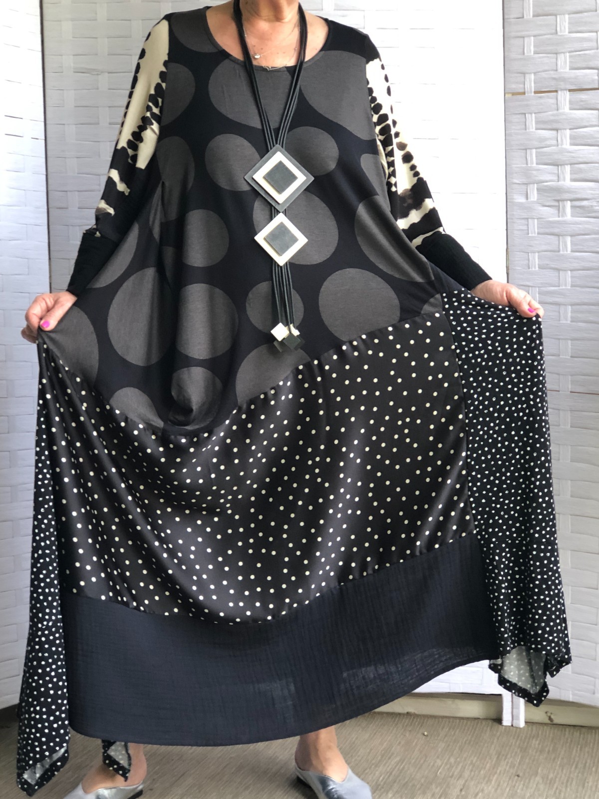 ARTSY LAGENLOOK BOHO ASYMMETRICAL PATCHWORK POLKA DOT DRESS WITH NECKLACE PLUS