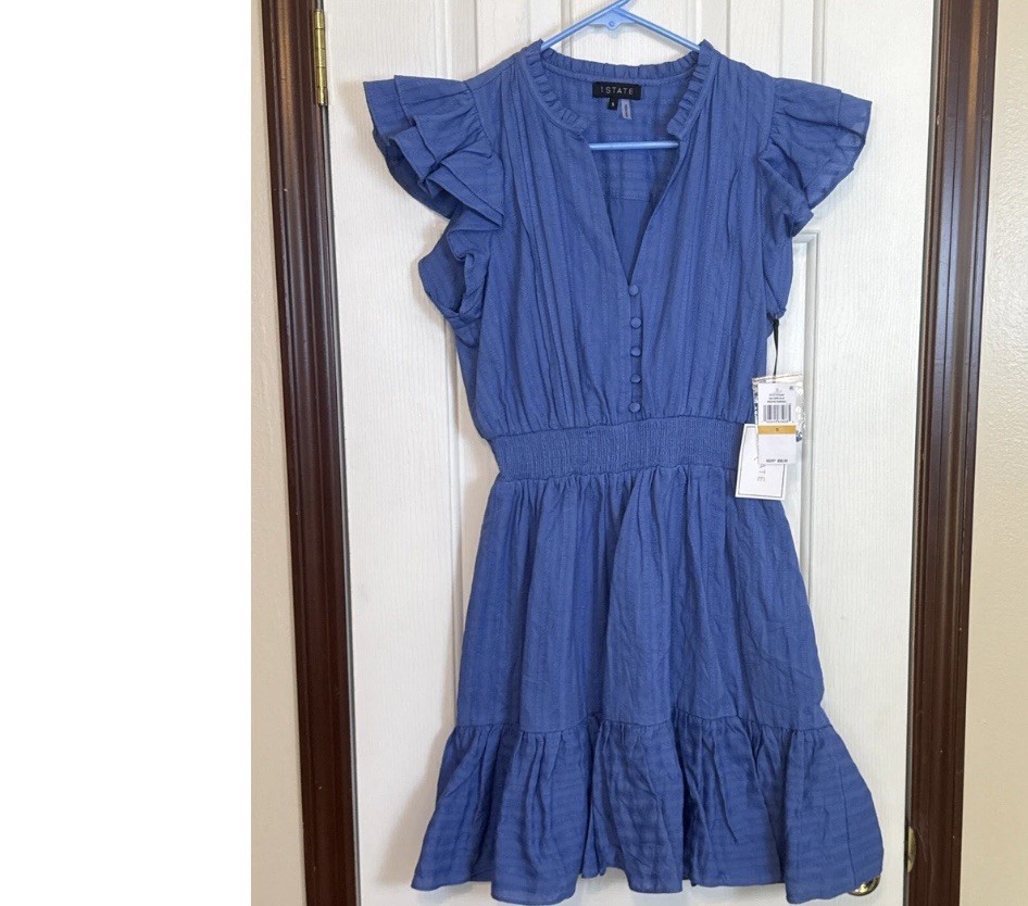 1.STATE Ruffle Sleeve Dress Smocked Waist Tiered Mini Dress Capri Blue S