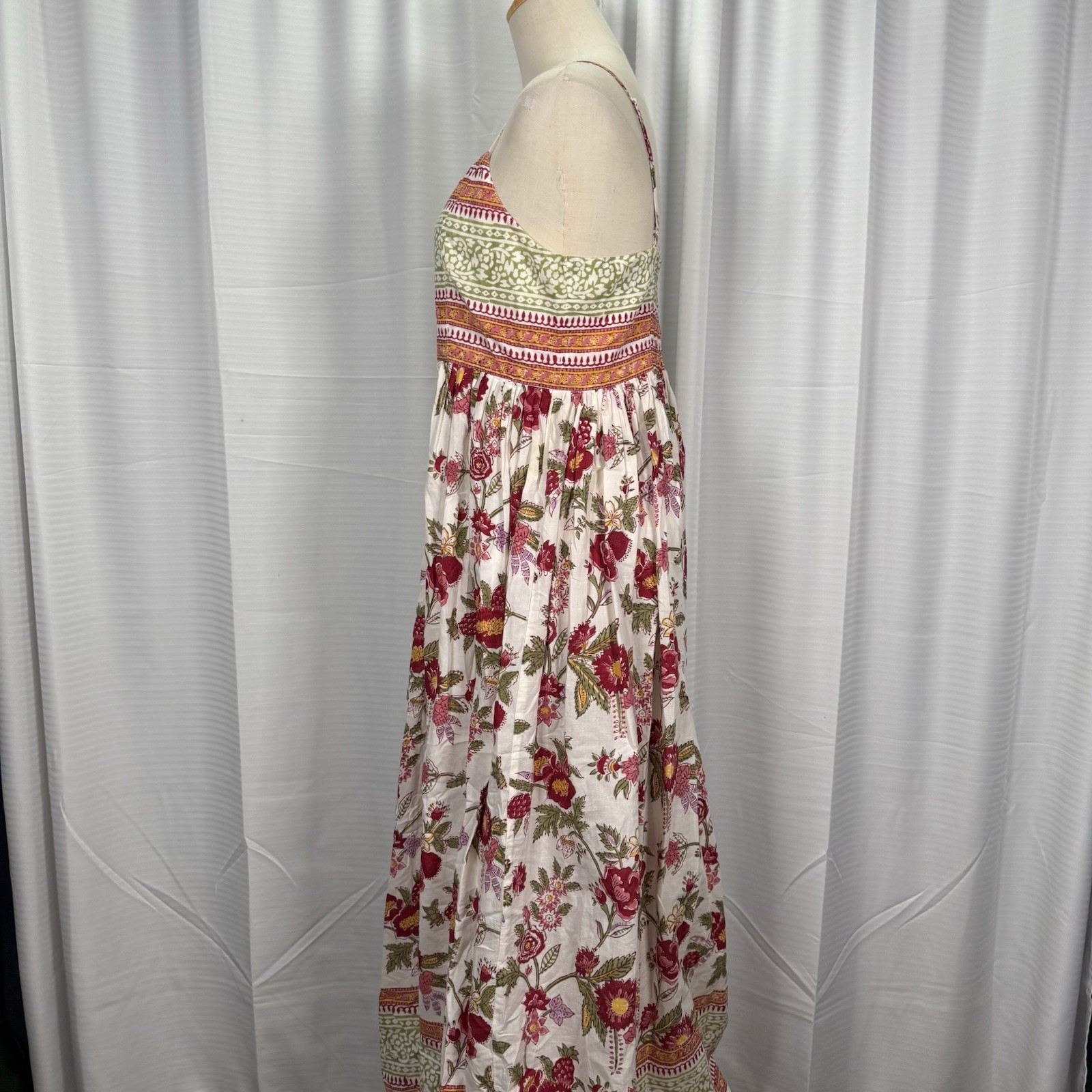 ANOKHI Floral Hand Block Print Indian Cotton Maxi Dress Boho A-line Sz M Cottage