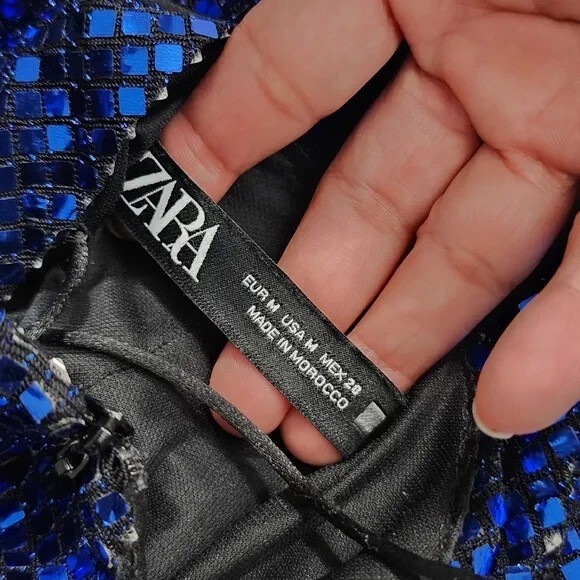 Zara Ink Blue Spaghetti Strap Sequin Ruched Disco Mini Dress 9420/701 Size L
