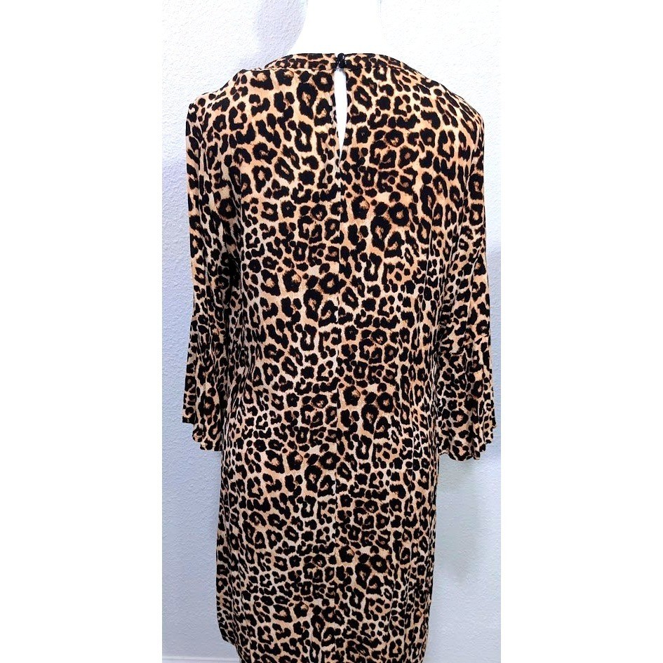 Leopard Print a.na M Keyhole Shift Dress Long Bell Sleeve Brown Black
