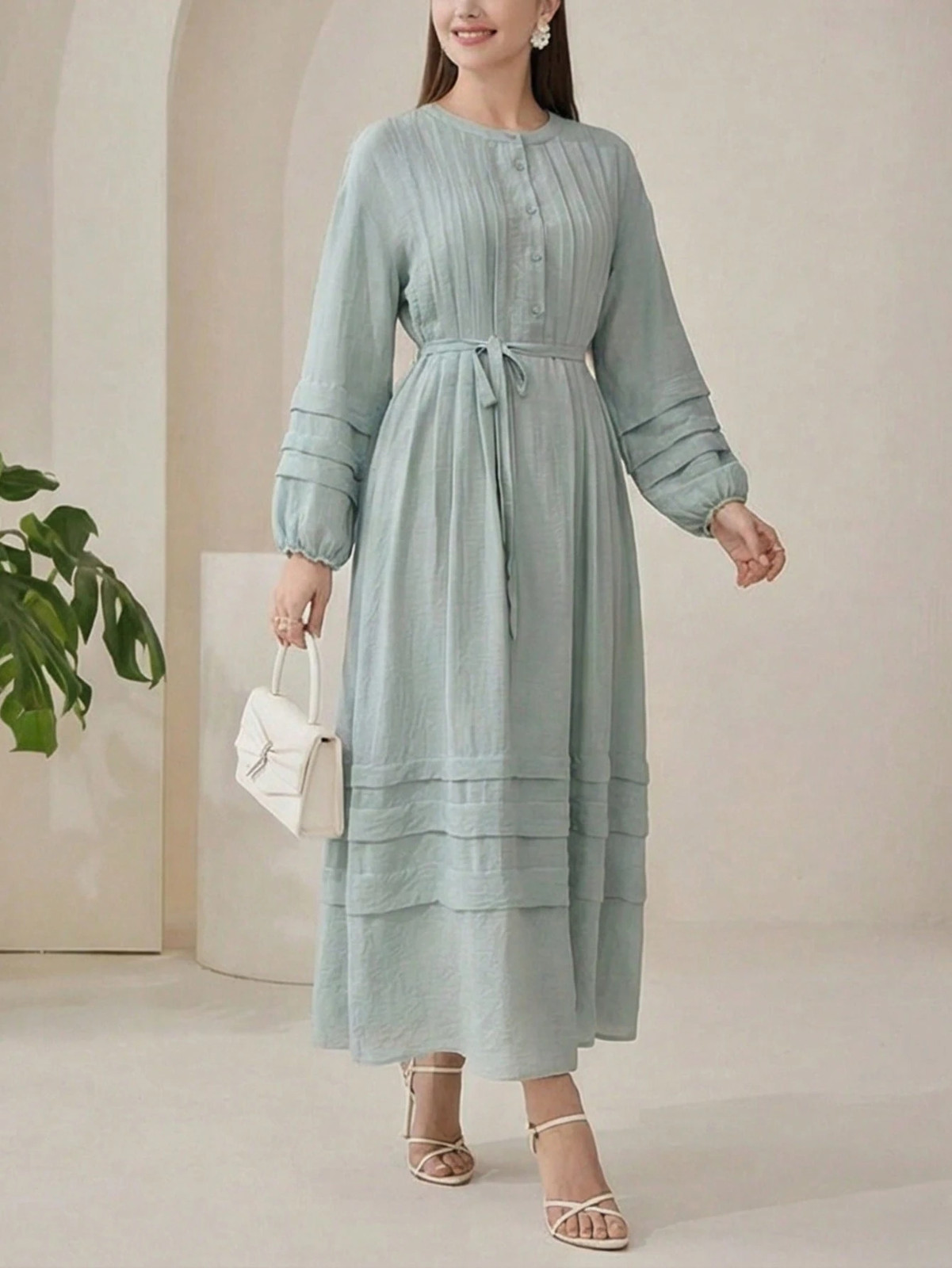 Womens Elegant Round Neck Button Detail Long Dress
