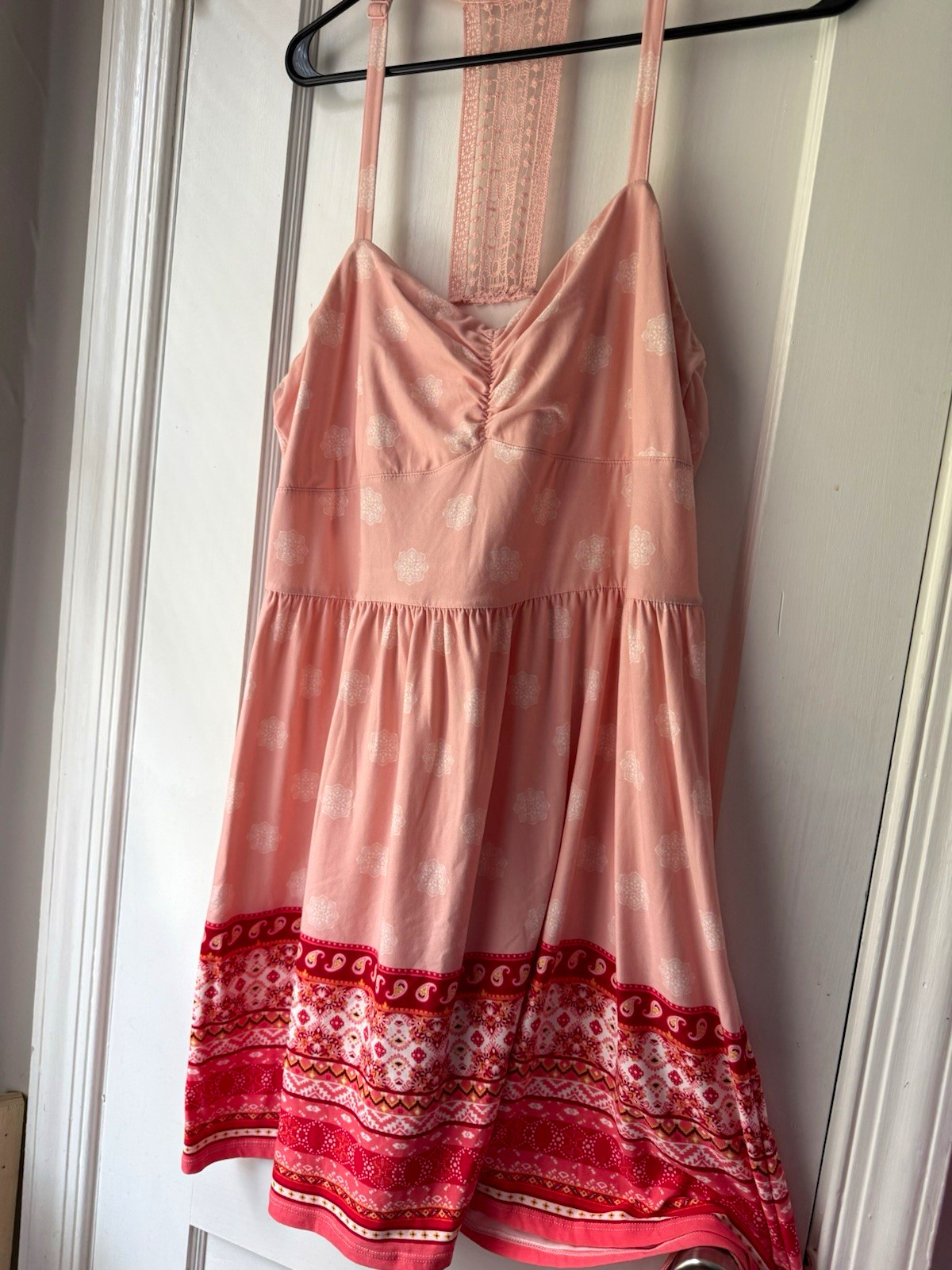 No Boundaries Pink Red Paisley Border V-Neck Strappy Sleeveless Sundress XL