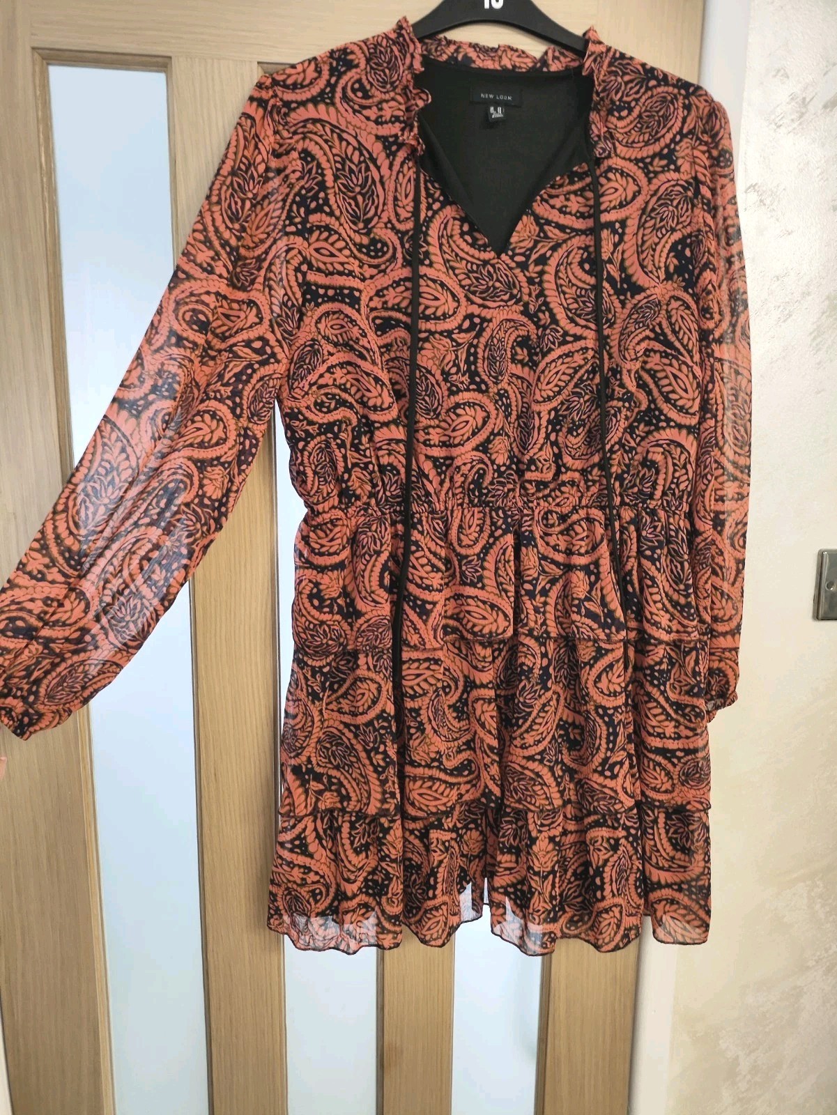 New Look Knee Tea Dress size 20 Navy Coral Paisley Summer Boho Long Sleeve Vneck