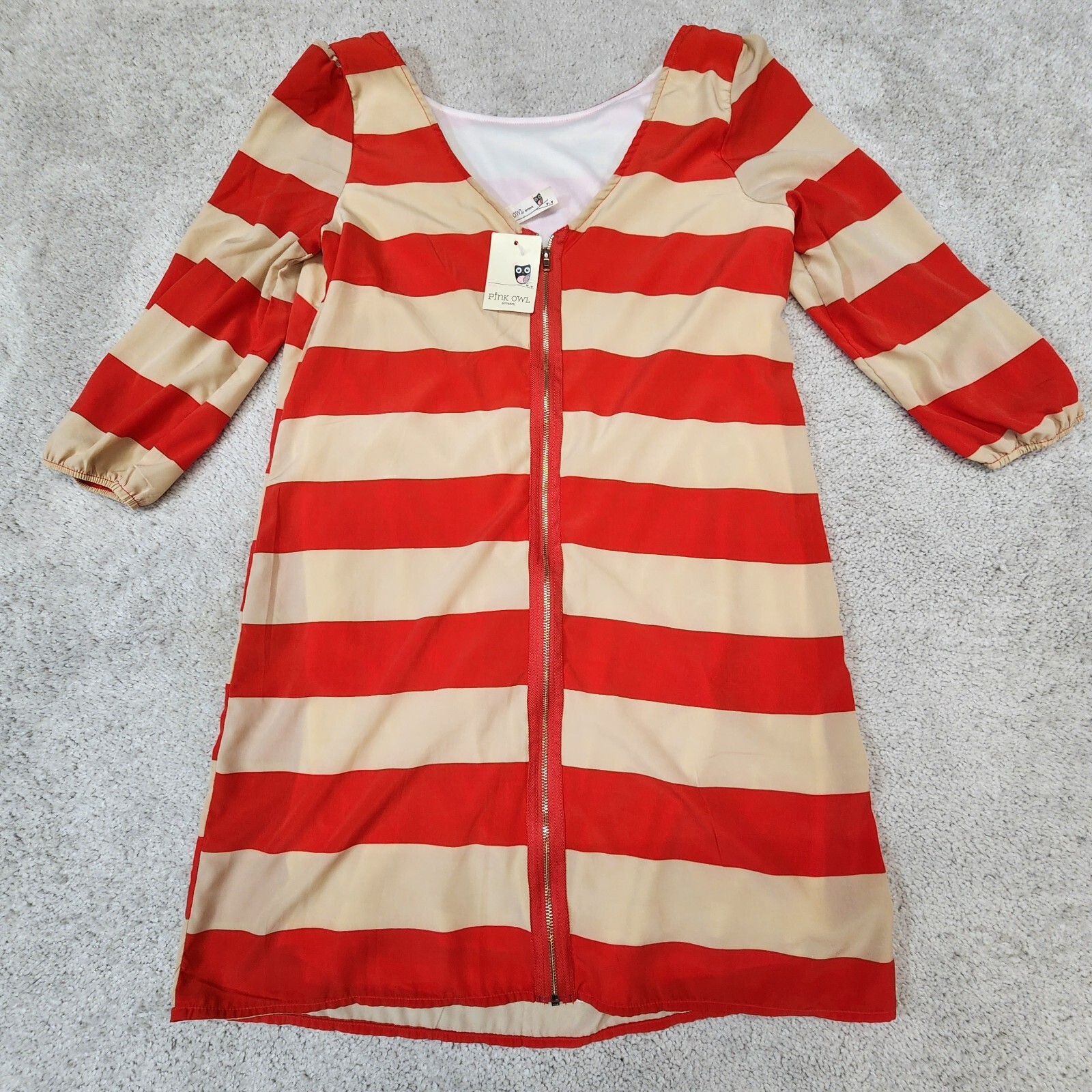 Pink Owl Red Striped Dress Full Zip Front Medium Short NEW