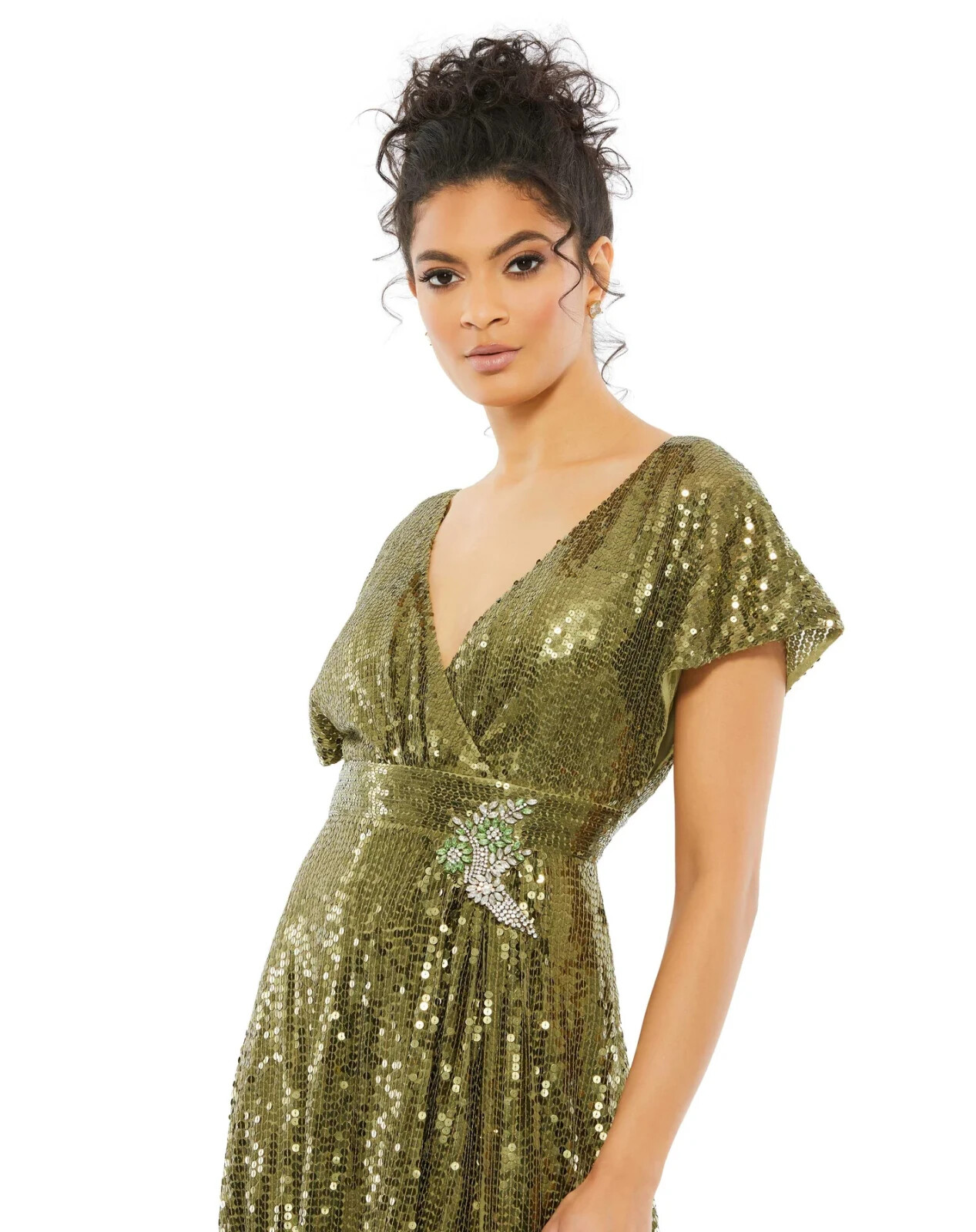 Mac Duggal Olive Green Sequined Butterfly Sleeve Faux Wrap A Line Gown 16 $598