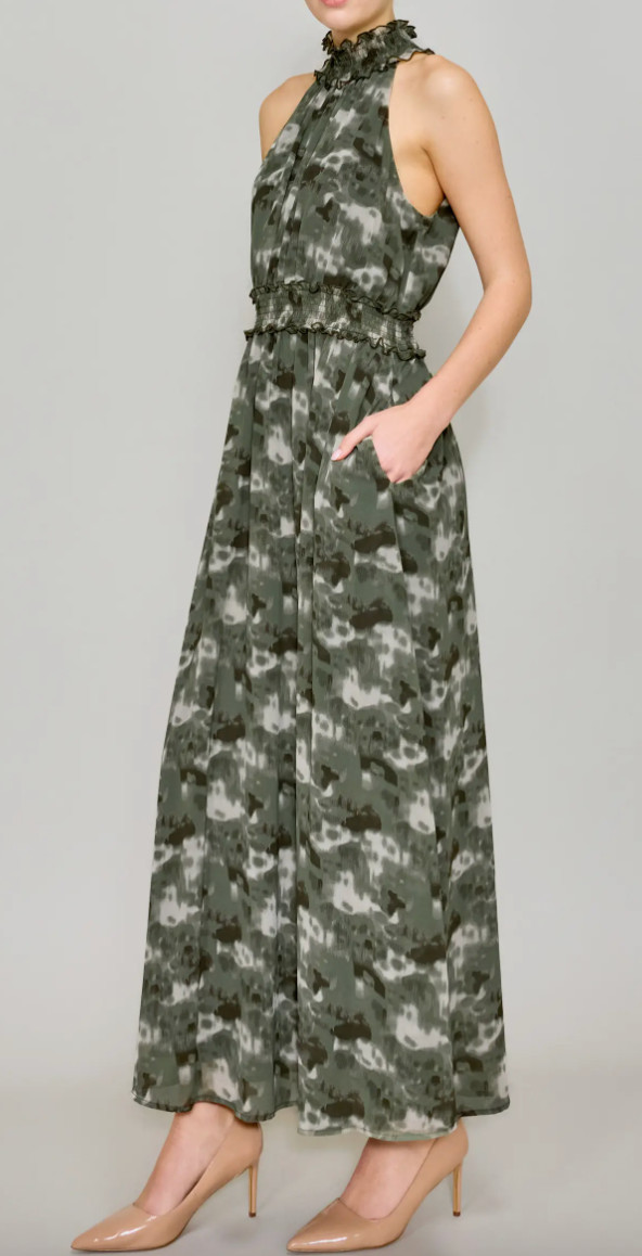 NWT Melloday Chiffon Maxi Dress Womens Small Green Camo Halter Smocked Pockets