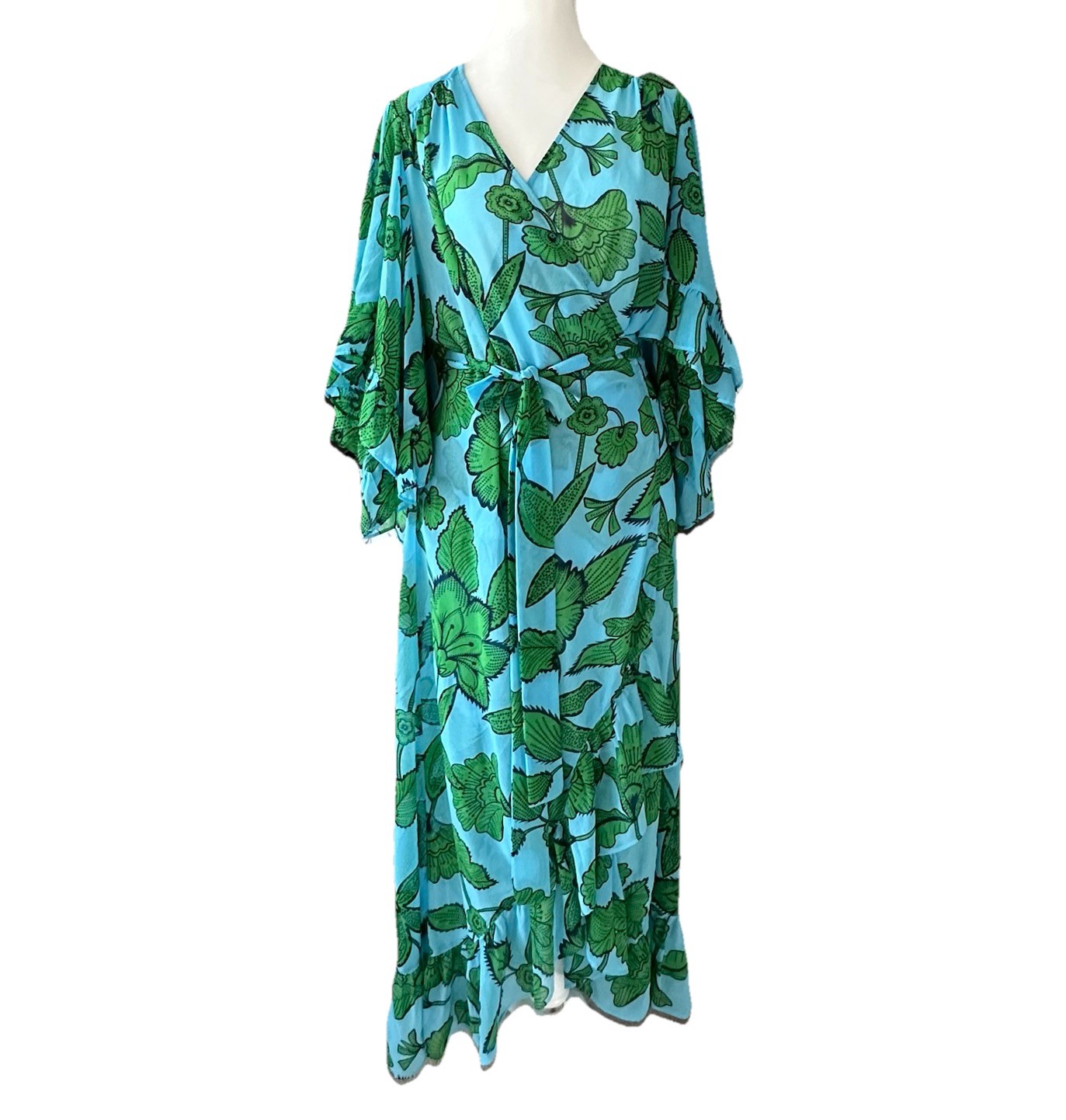 Cabi Women’s Swim Suit Cover Up Green & Blue Floral Semi Sheer Wrap Dress Medium