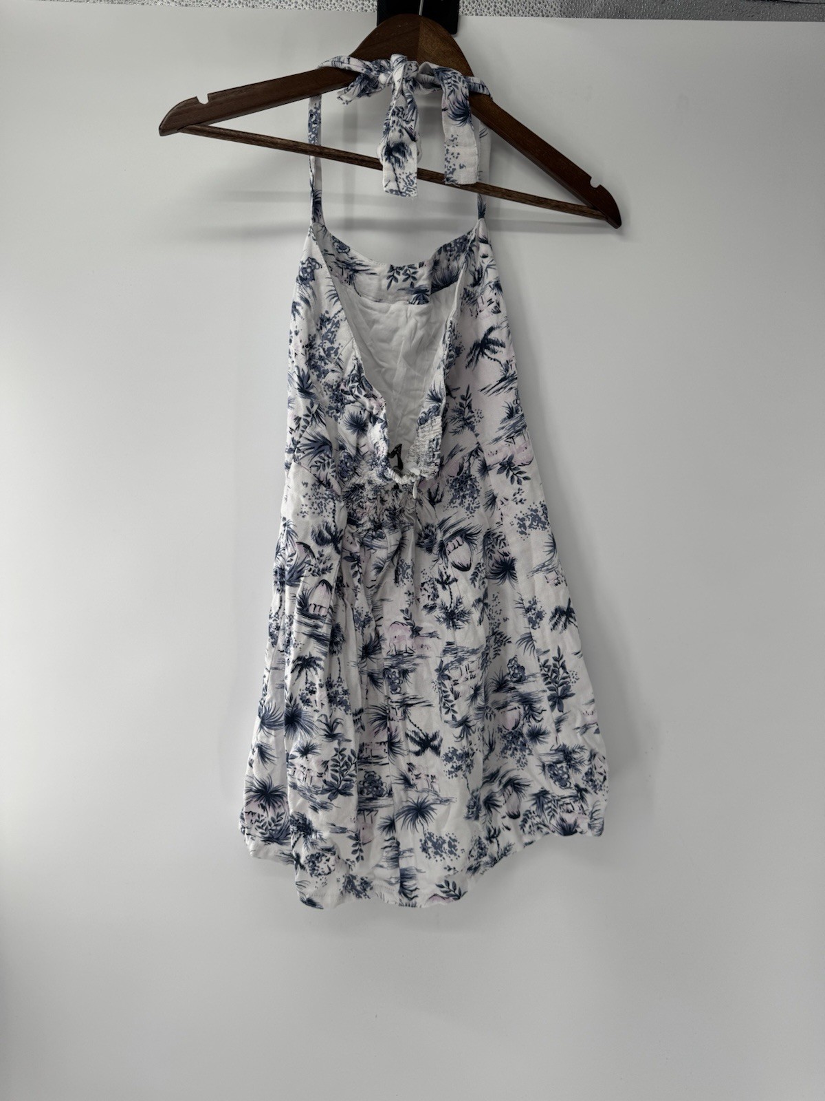 Linen Tropical Palm Tree Halter Dress M Beachy boho resort vacation luau