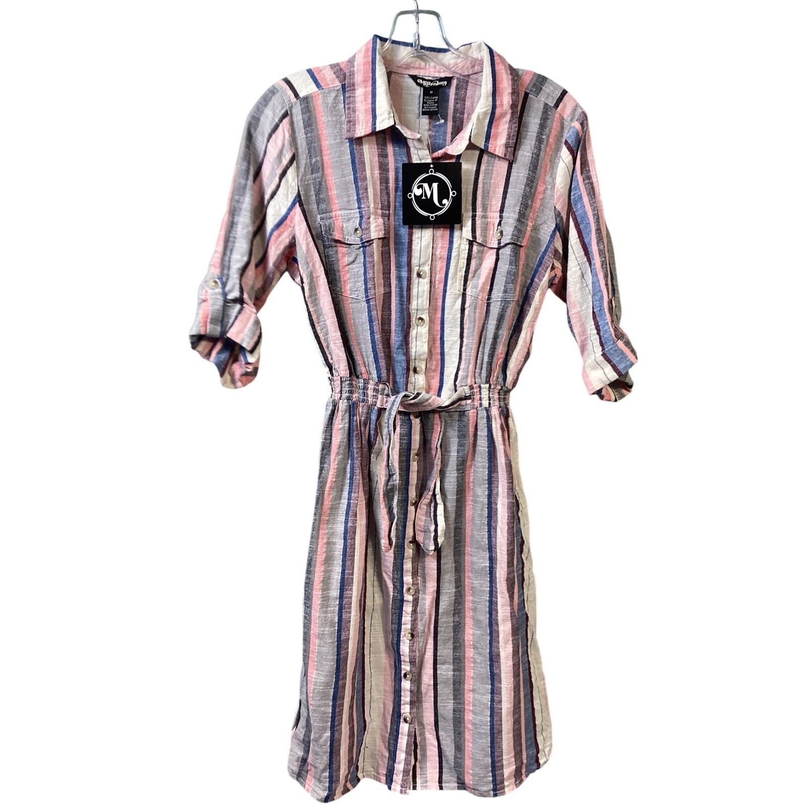 Millenium Coral Tona Striped Shirt Dress Button Front Tie Waist Medium NWT