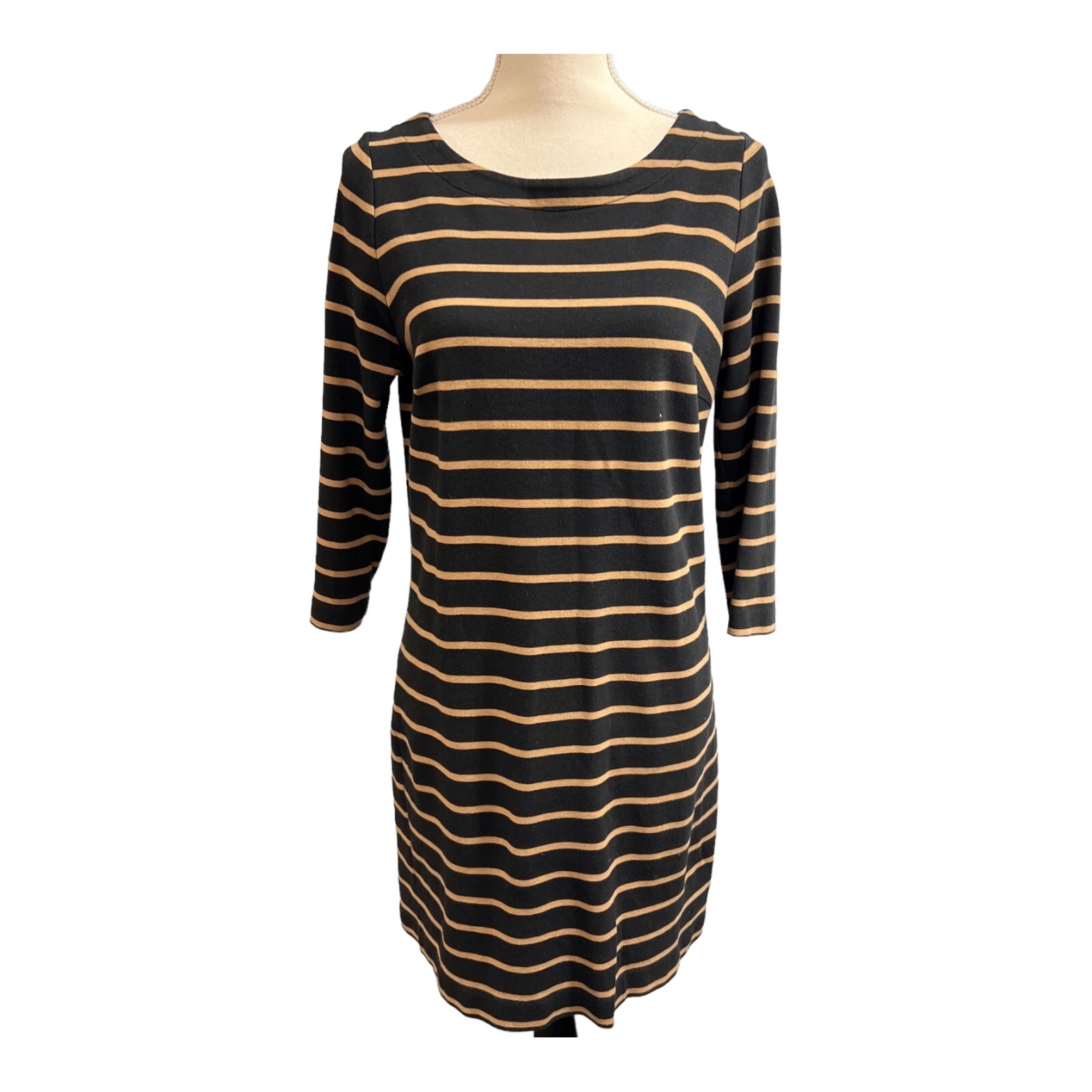 Boden Dress Women US 10 Black Tan Stripe Shift Midi Cotton Modal Blend Preppy