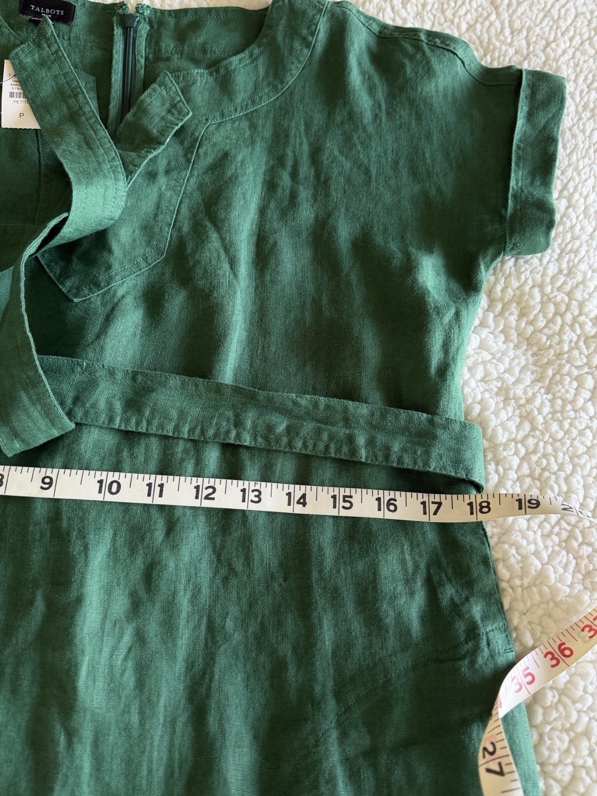 Talbots NWT Green 100%Linen Belted Shift Dress Womens Petite Small Short Sleeve