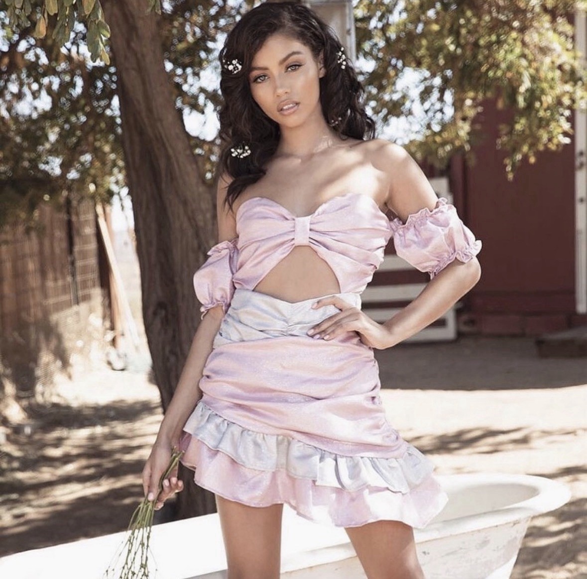 Delphine The Label Of the Shoulder Dress -Coquette, Ruffle, Pink, Silver,Fashion