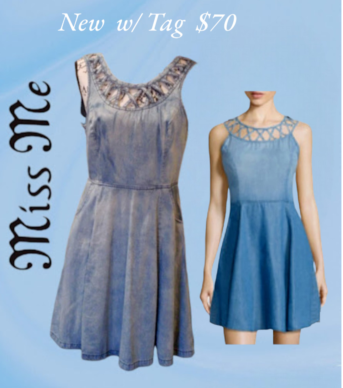 NWT $70 Miss Me Dress Size SMALL fit & flare Blue Acid Wash Denim Mini Dress