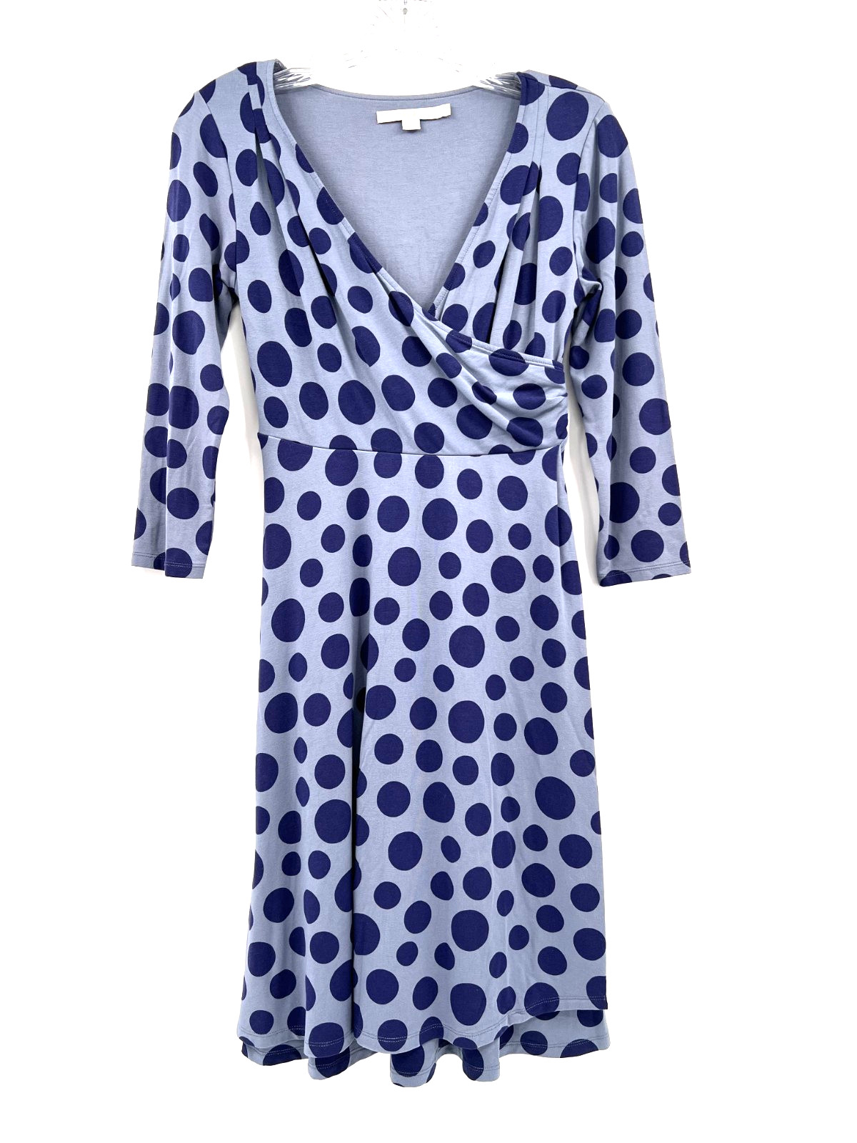 BODEN Women’s Size 4P Blue Polka Dot V-Neck 3/4-Sleeve Faux Wrap Dress Stretch