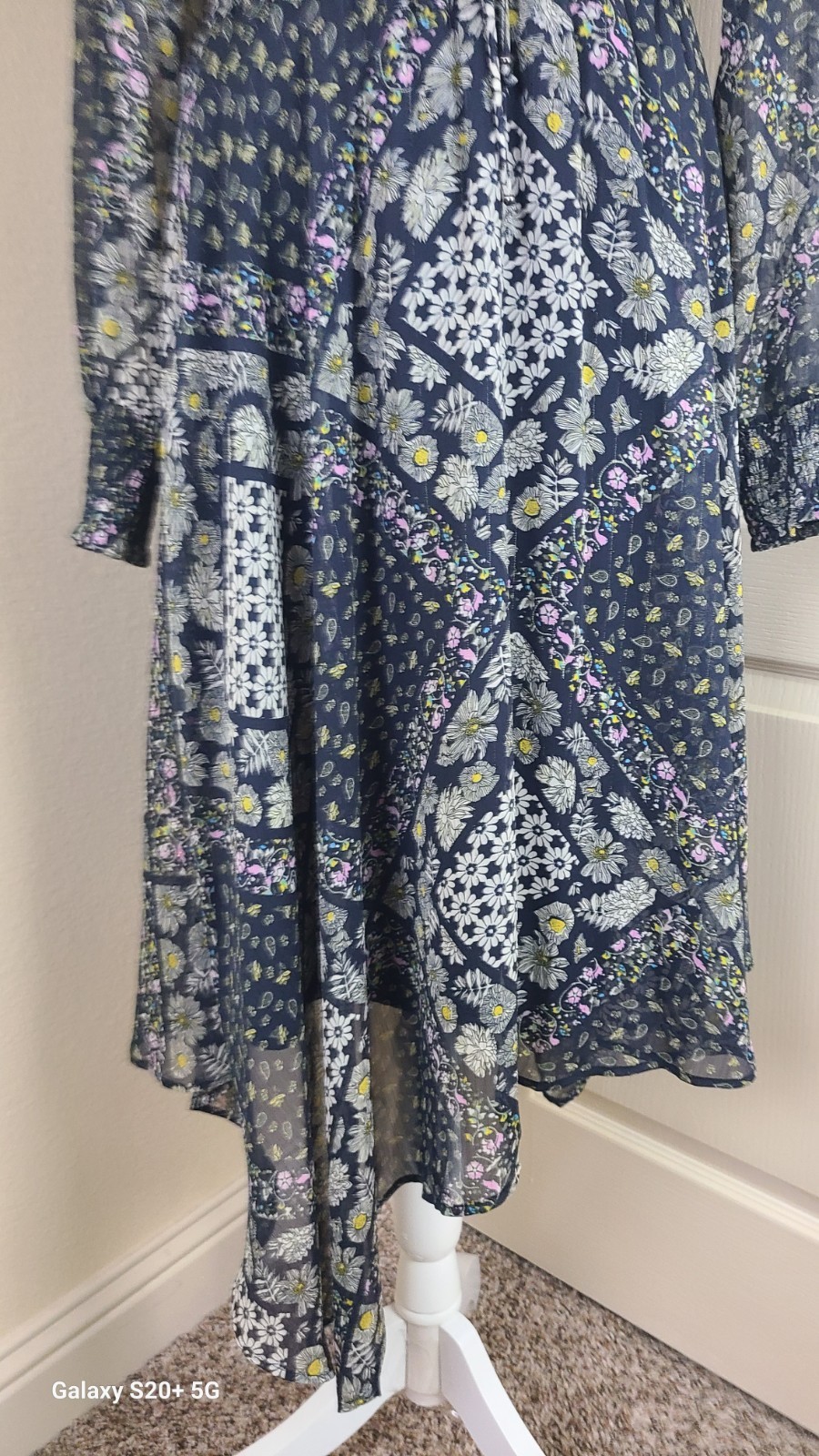 Sam Edelman Ruffle Handkerchief Midi Dress Mixed Patchwork Smoked Waist Size 10