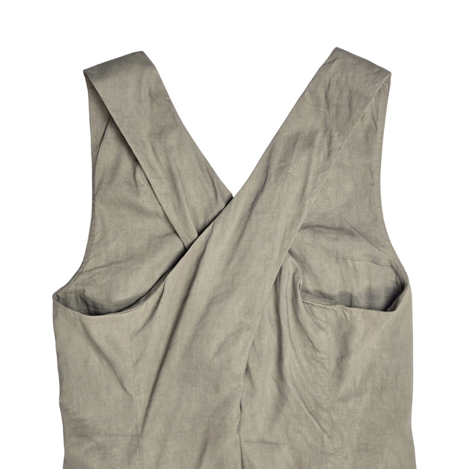 Theory Vlorine Crunch Wash Linen Blend Cross Back Maxi Dress Taupe MD 6 Pockets