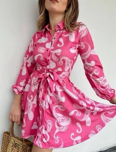 New Women’s Paisley Print Long Sleeve Button Down Collared Dress Tie Belt Large