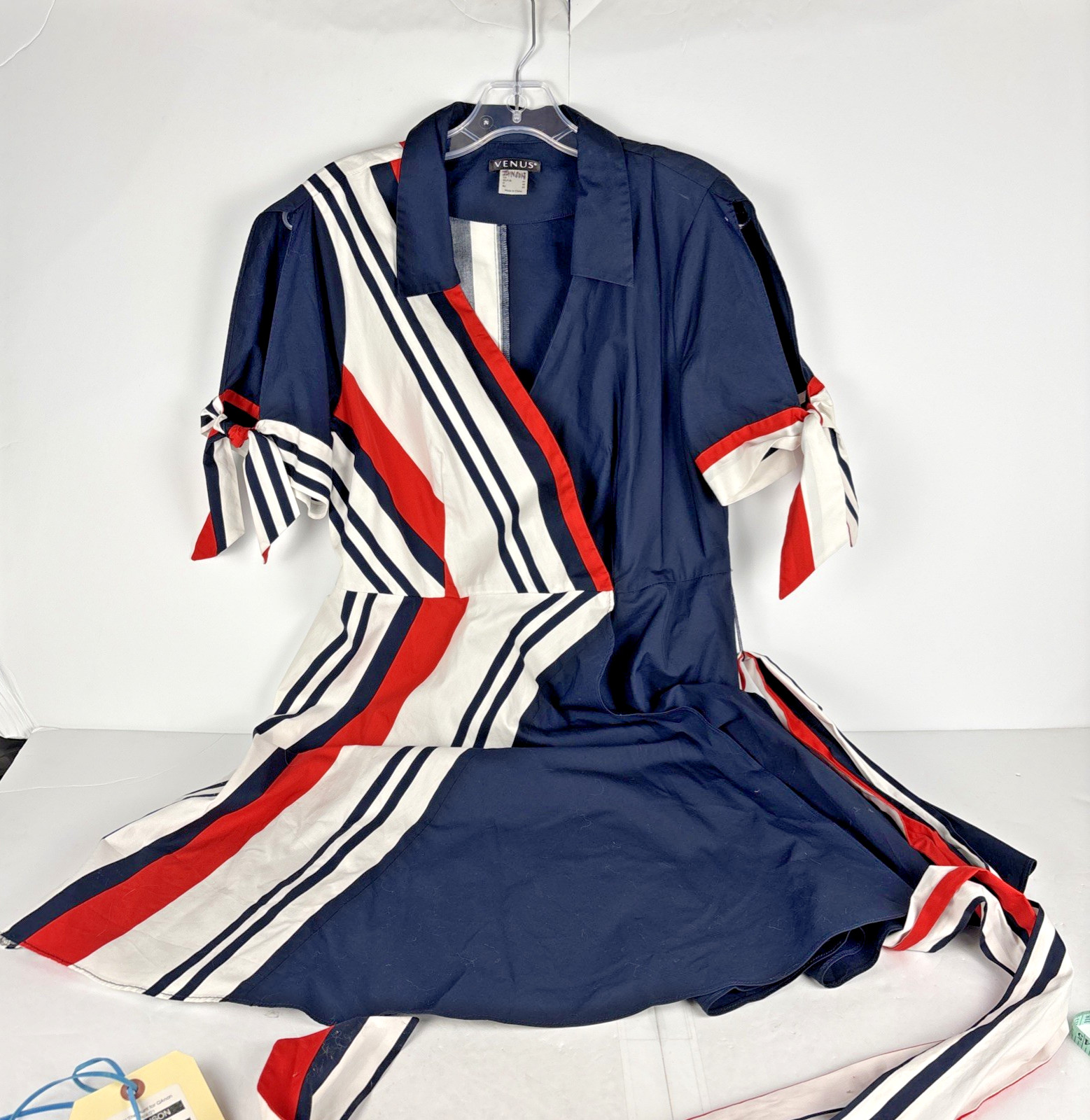 Venus Navy White Red Striped Wrap Dress Sz 10 Tie Waist Pockets Shirt Dress