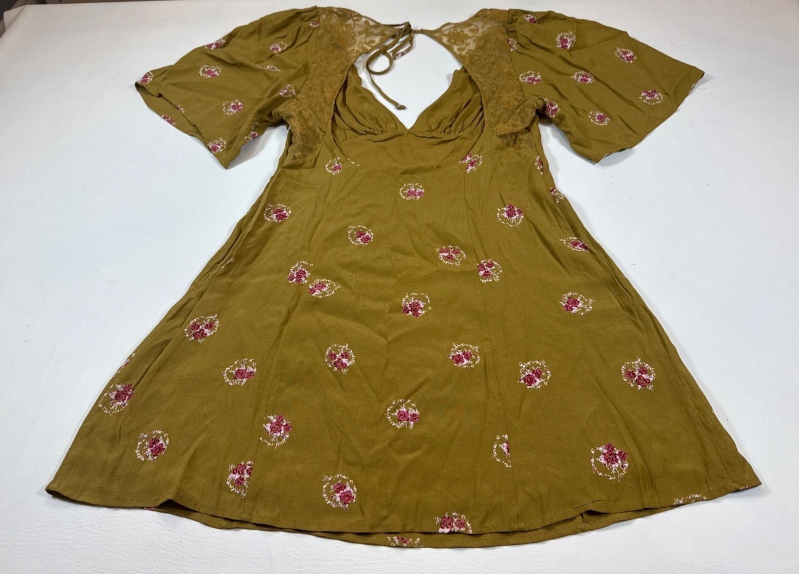 Free People Mockingbird Mini Dress Clove Comb sz 8 embroidered viscose (R426)