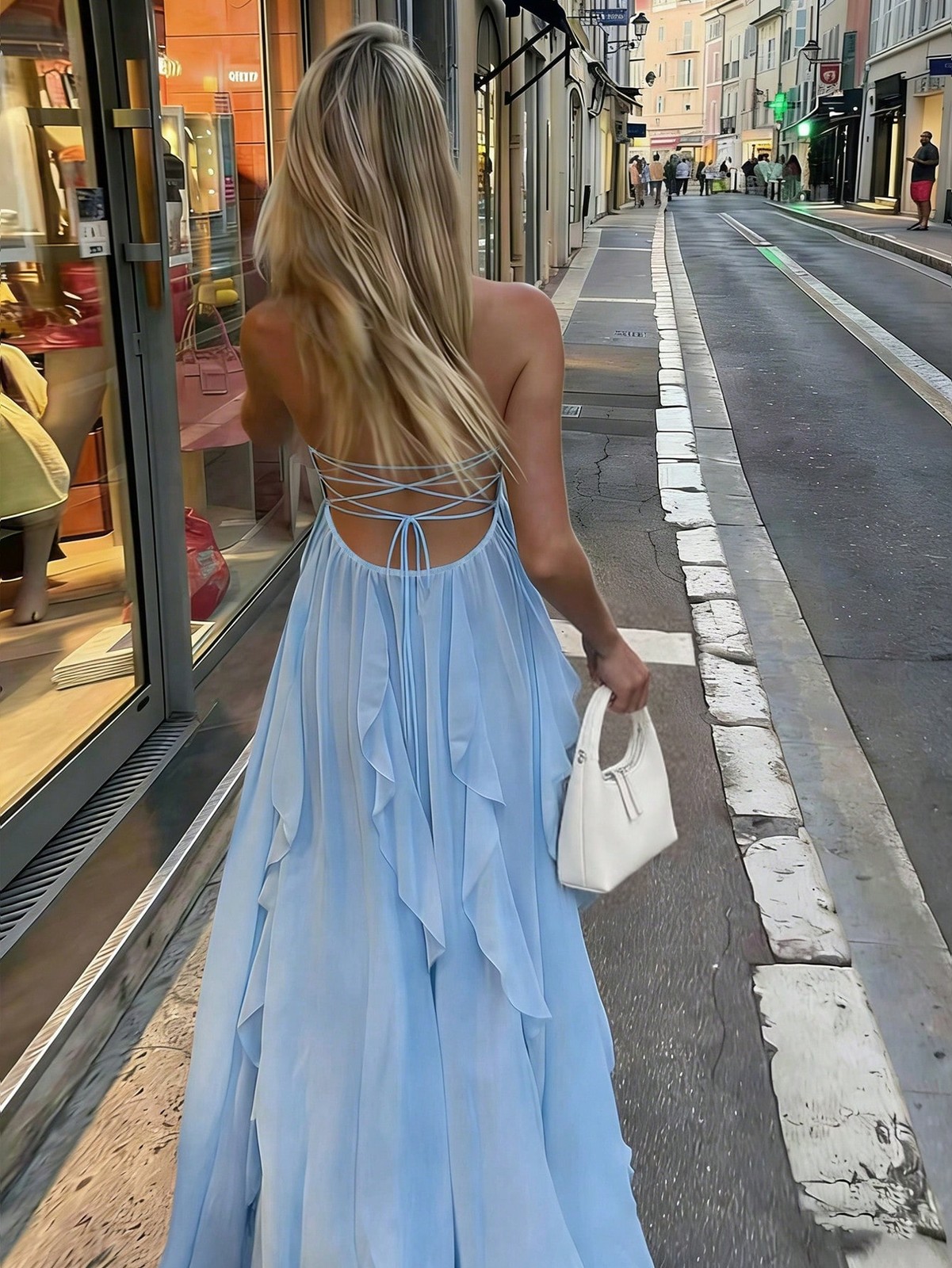 Ladies Elegant Ice Blue Backless Summer Dress