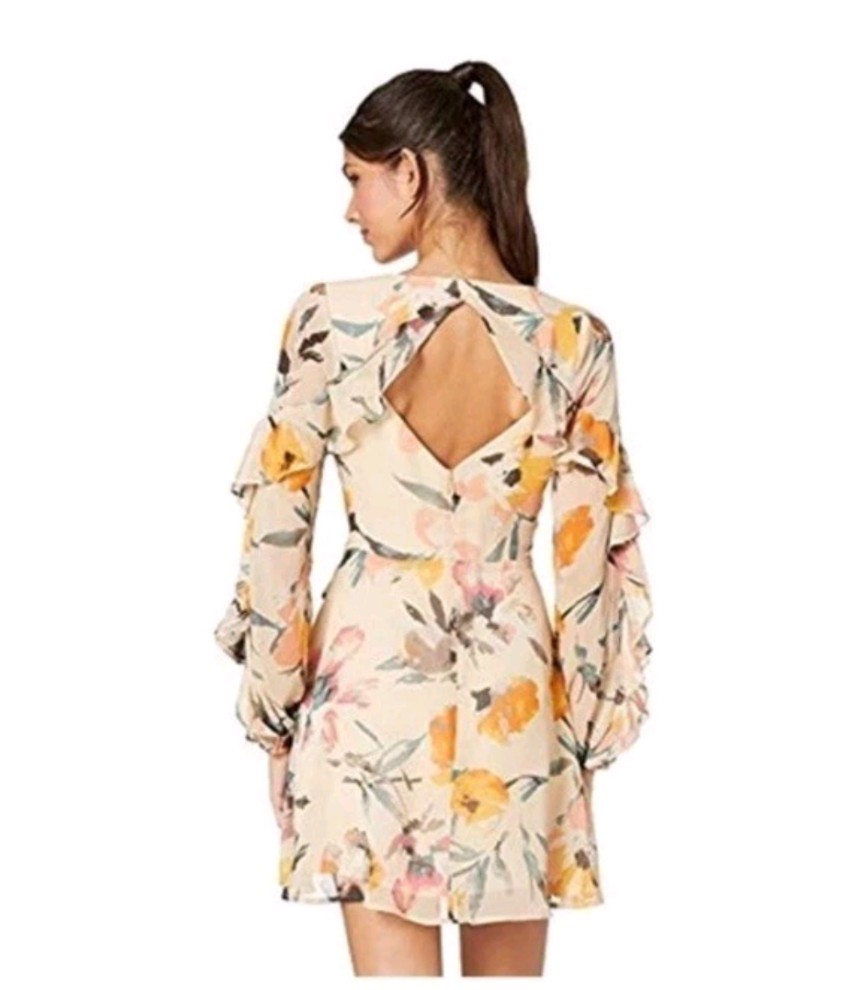 BCBGeneration Floral Mini Dress Lace-Up Front Ruffle Sleeve Open Back Sz 2 Boho