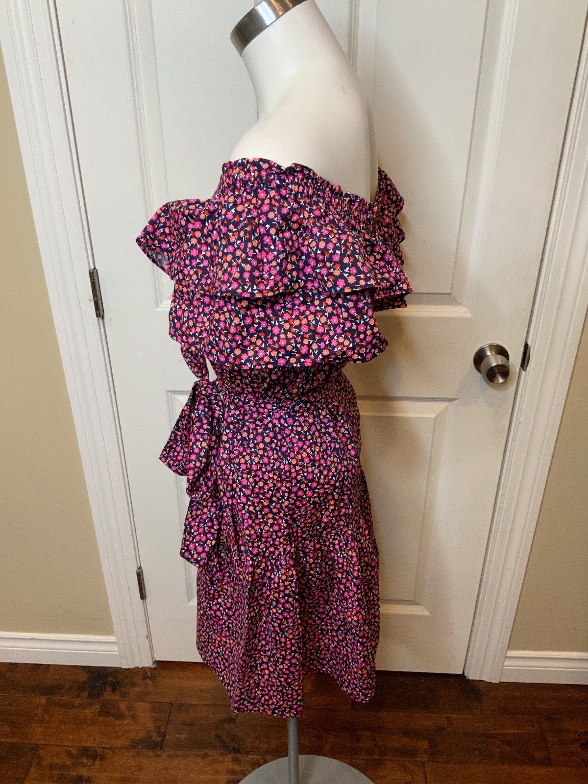 Draper James Blue Pink Poppy Ruffle Sawyer Dress, Size M