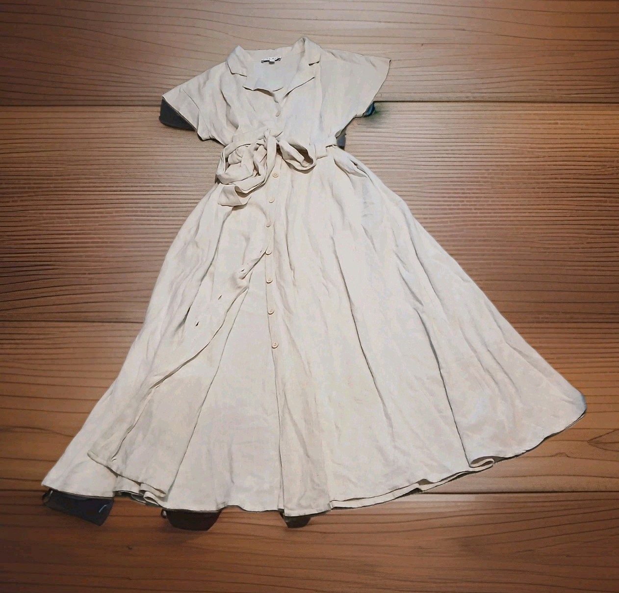 Miou Muse Linen Blend Button Front Midi Shirt Dress Oat Colorway Med Breathable