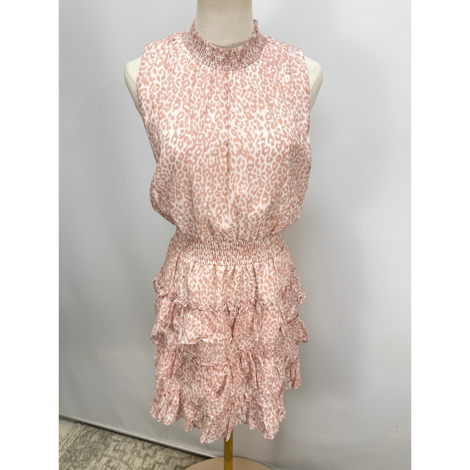 Rachel Parcell Pink Leopard Print Smocked High Neck Tiered Ruffle Mini Dress L