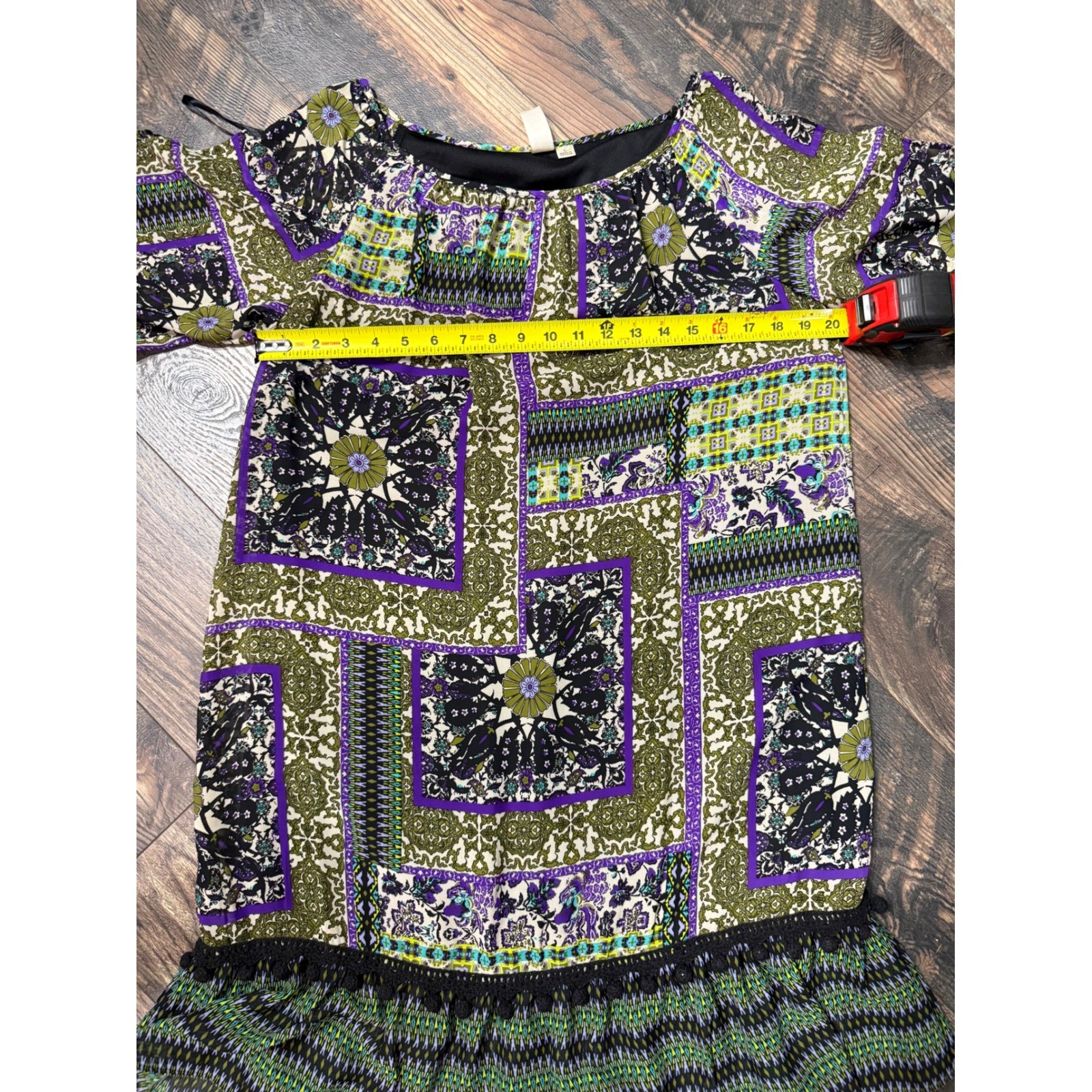 Emma & Michele Boho Patchwork Shift Dress Green Purple Tassel Trim Large NWT