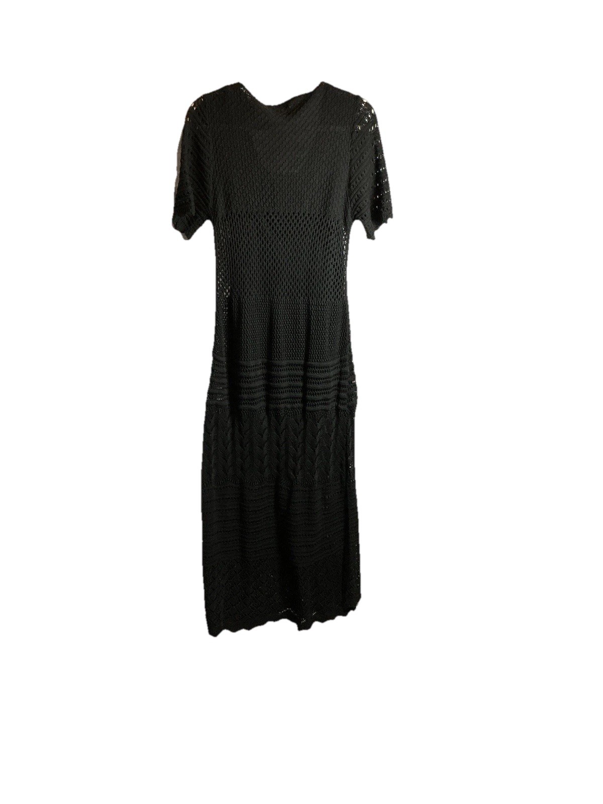 Solitaire Black Crochet Maxi Dress Lined V-Neck Short Sleeve Acrylic Polyester L