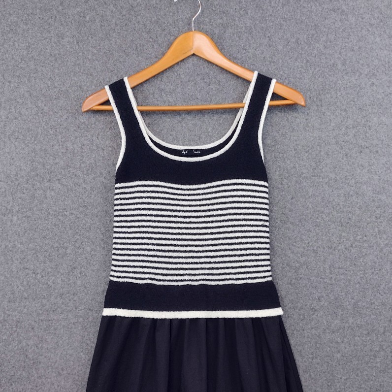 By the River Dress Small Black Midi Knit Stripe Sleeveless Full Cotton Skirt