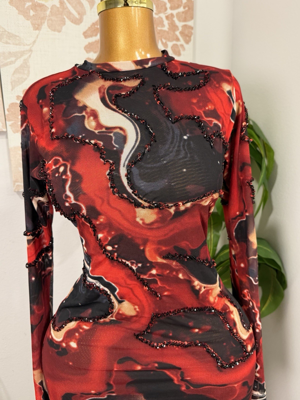 Women’s Mesh Sheer Stretch Beaded Bodycon Maxi Dress S Red/Black Abstract