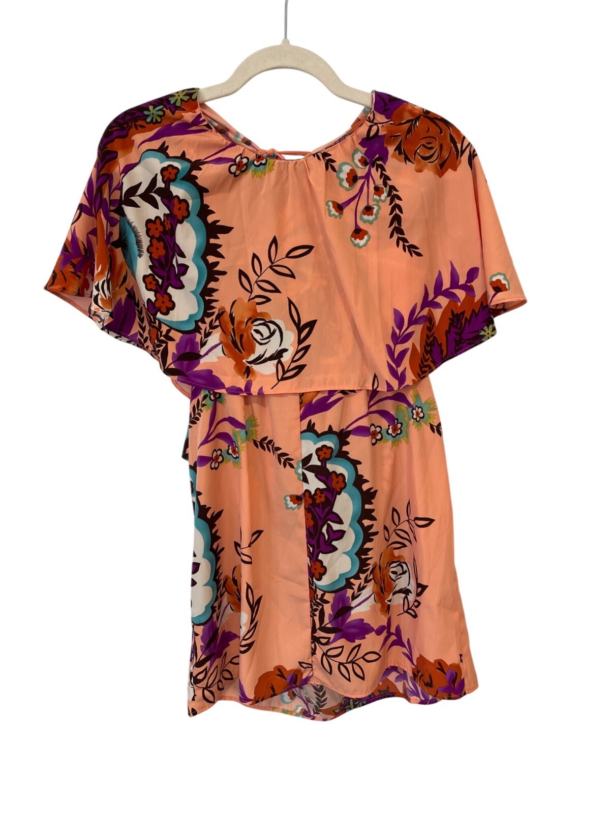 Glam Floral Tunic Mini Dress Size Small Adjustable Tie Peach Multi Boho Cottage