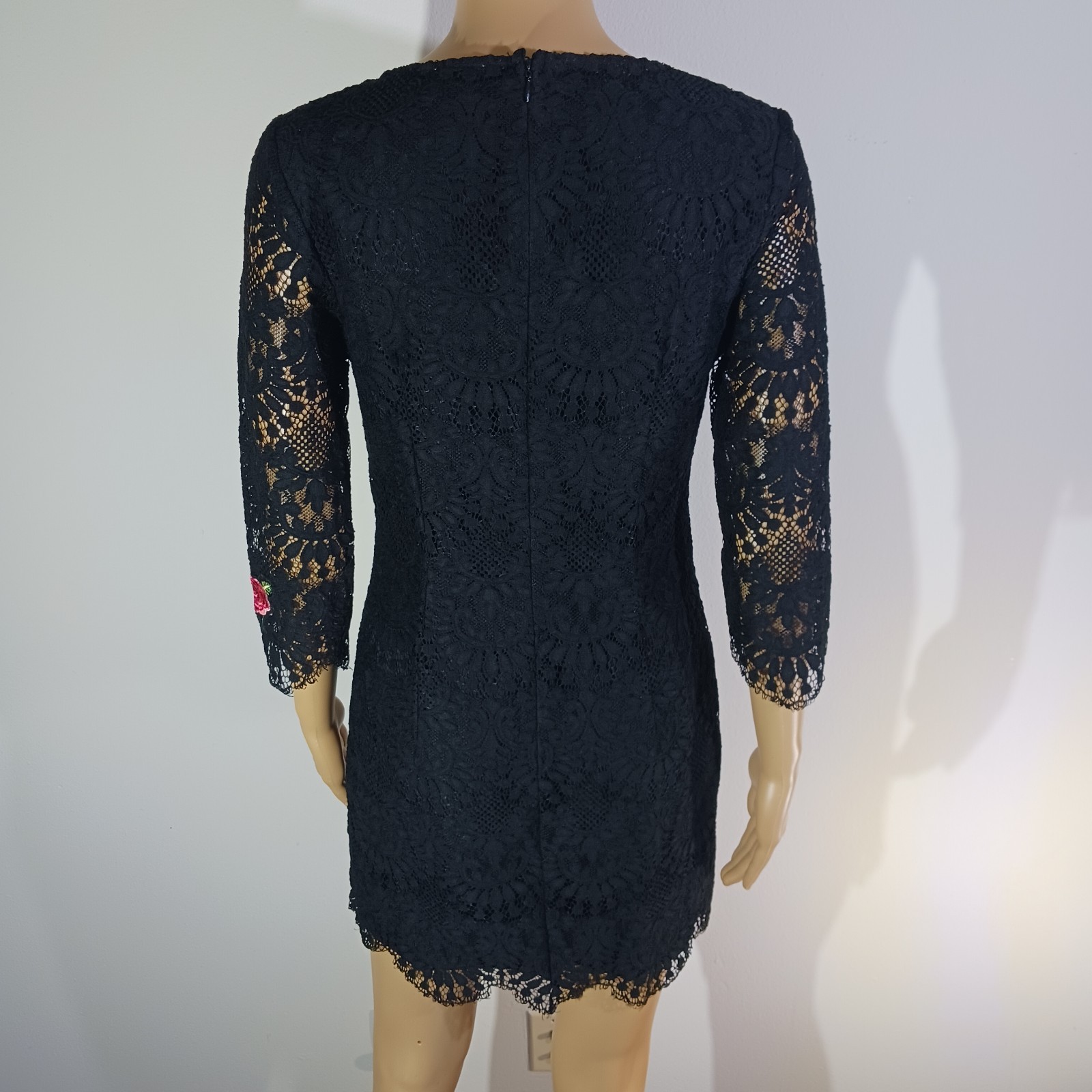 AMT Black Lace Butterfly Embroidered Shift Dress Women’s Size S 3/4 Sleeve Boho