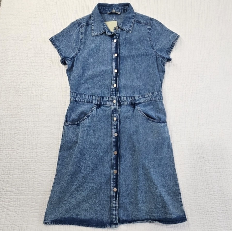 J Gee Chambray Denim Shirt Dress Women’s Medium Blue Western Boho Y2K NWT Snaps