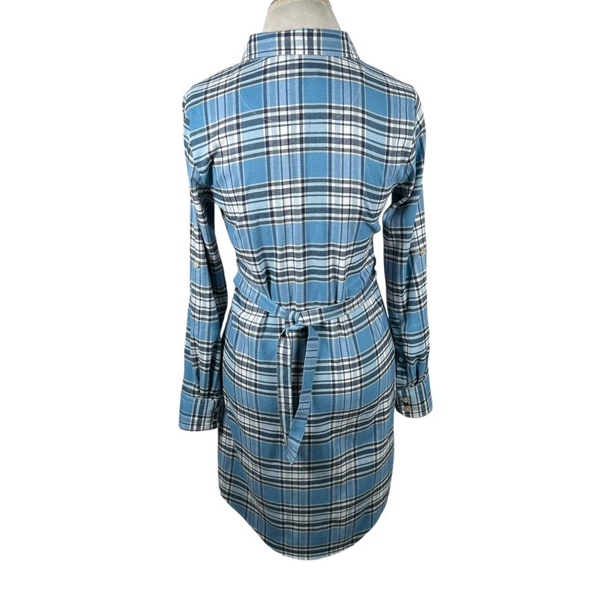 Peter Millar Blue Plaid Shirt Dress Flannel Belted Roll Tab Slvs Preppy Size S