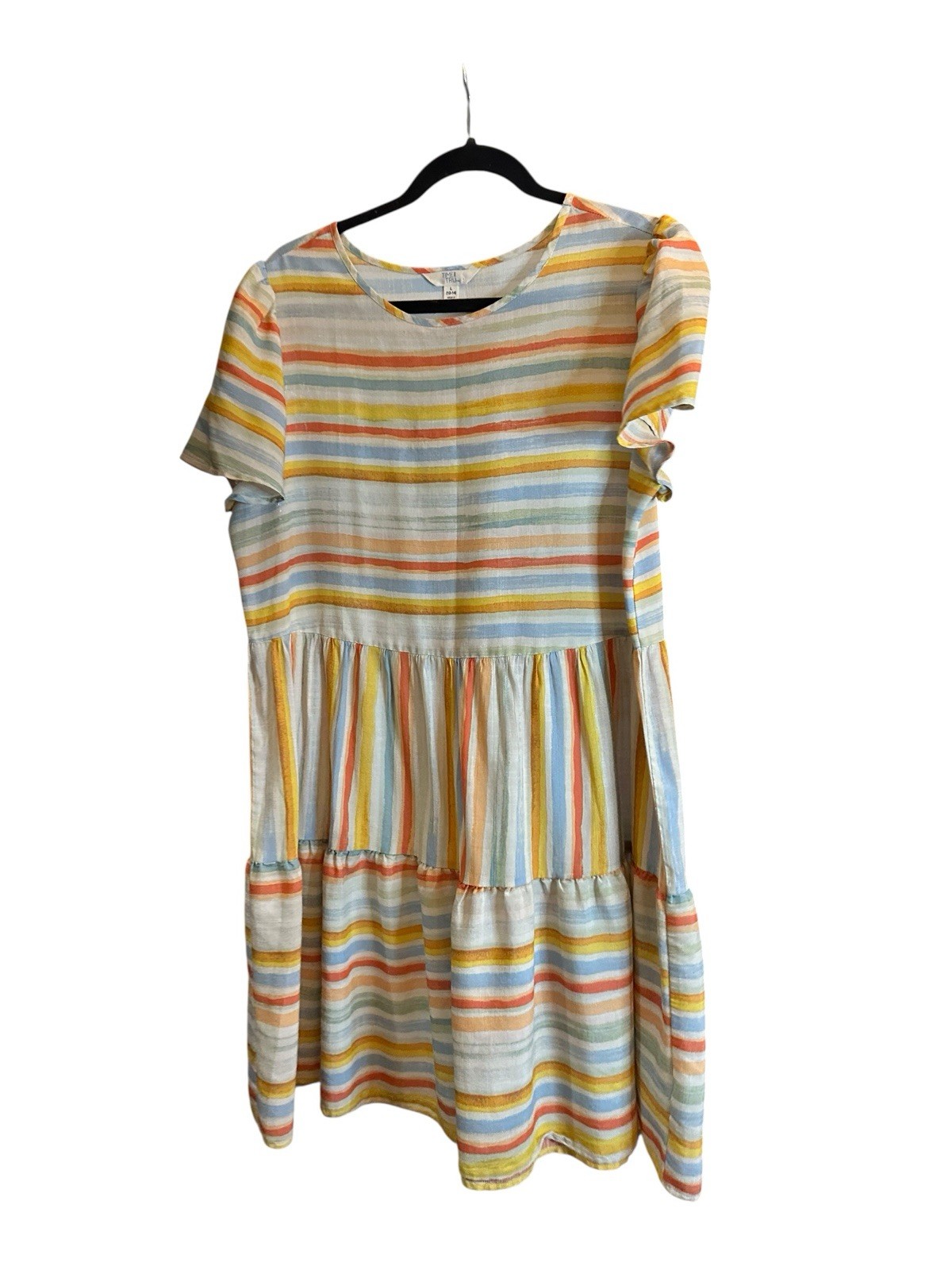 Time and Tru Womens Rayon/Cotton Tiered Dress Short Sleeves Colorful Stripes L