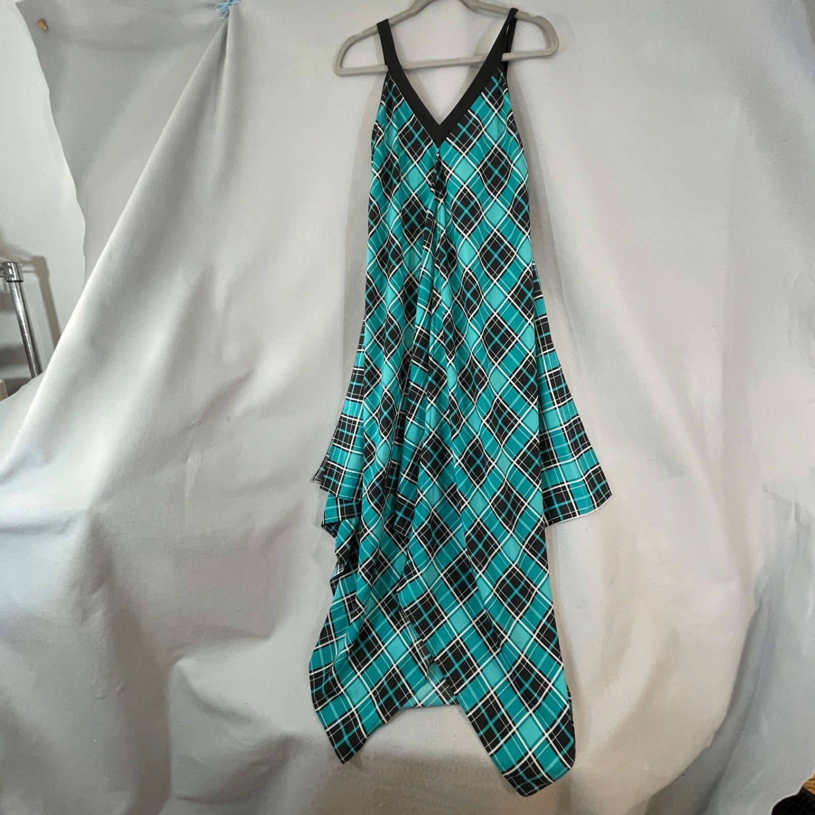 MICHAEL Michael Kors Teal Black Plaid Scarf Print Handkerchief Maxi Dress S/M