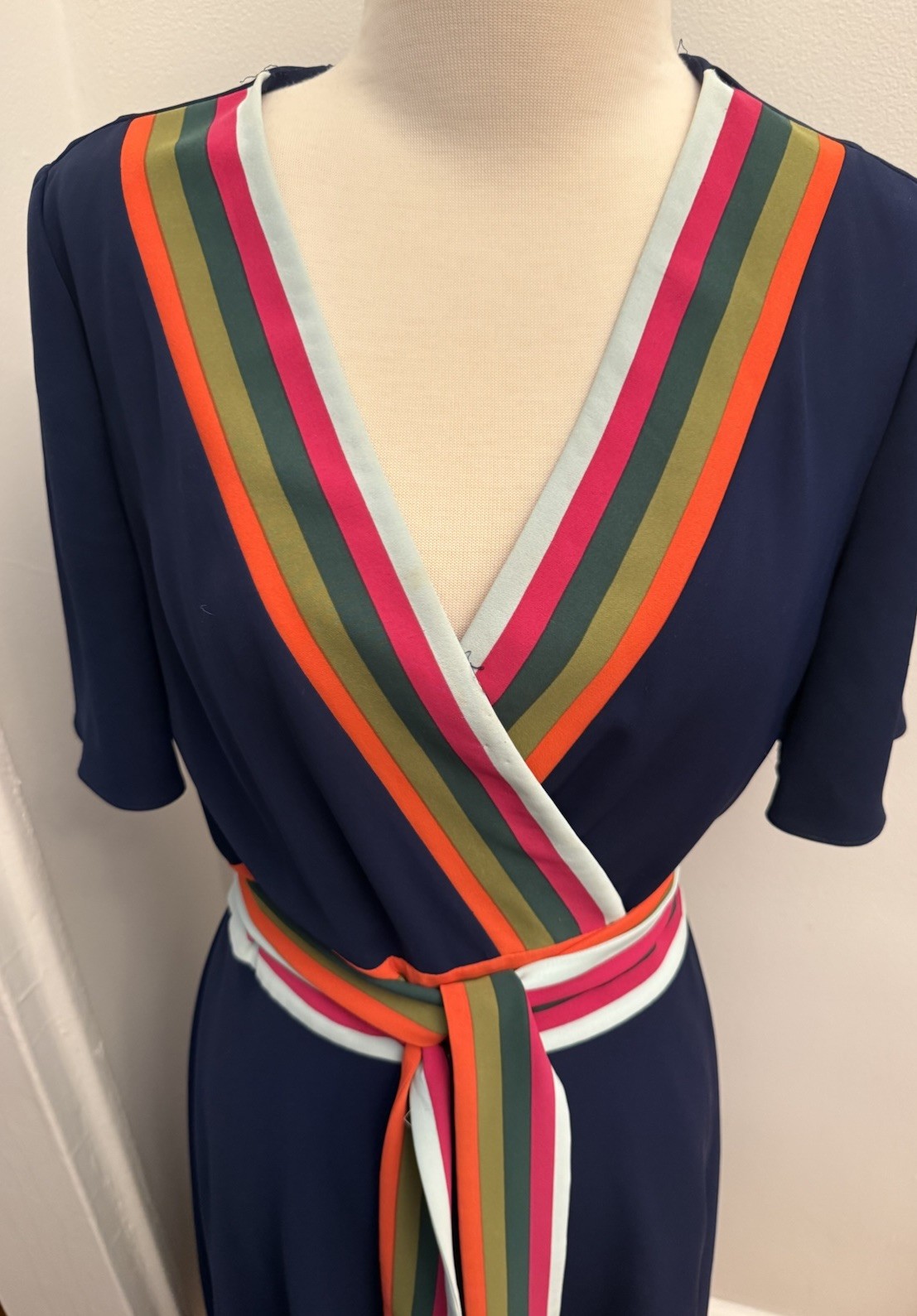 TORY BURCH Peggy Wrap Stripe Dress Navy Blue Sz 8 Preowned