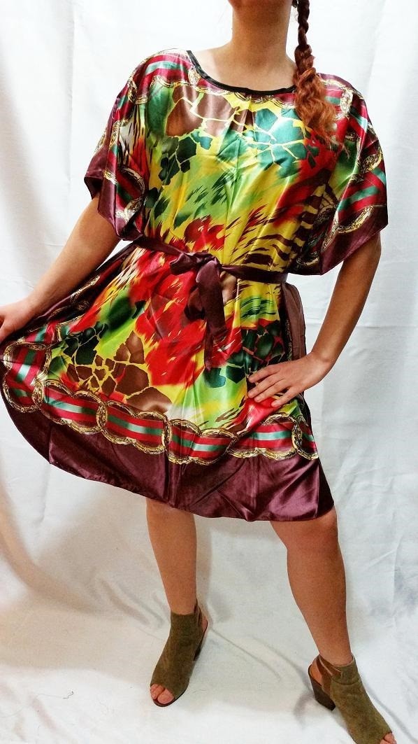 Sun Summer Dress Tie Dye Chain Flower Boho Tunic Silky M L XL Tunic Caftan NEW
