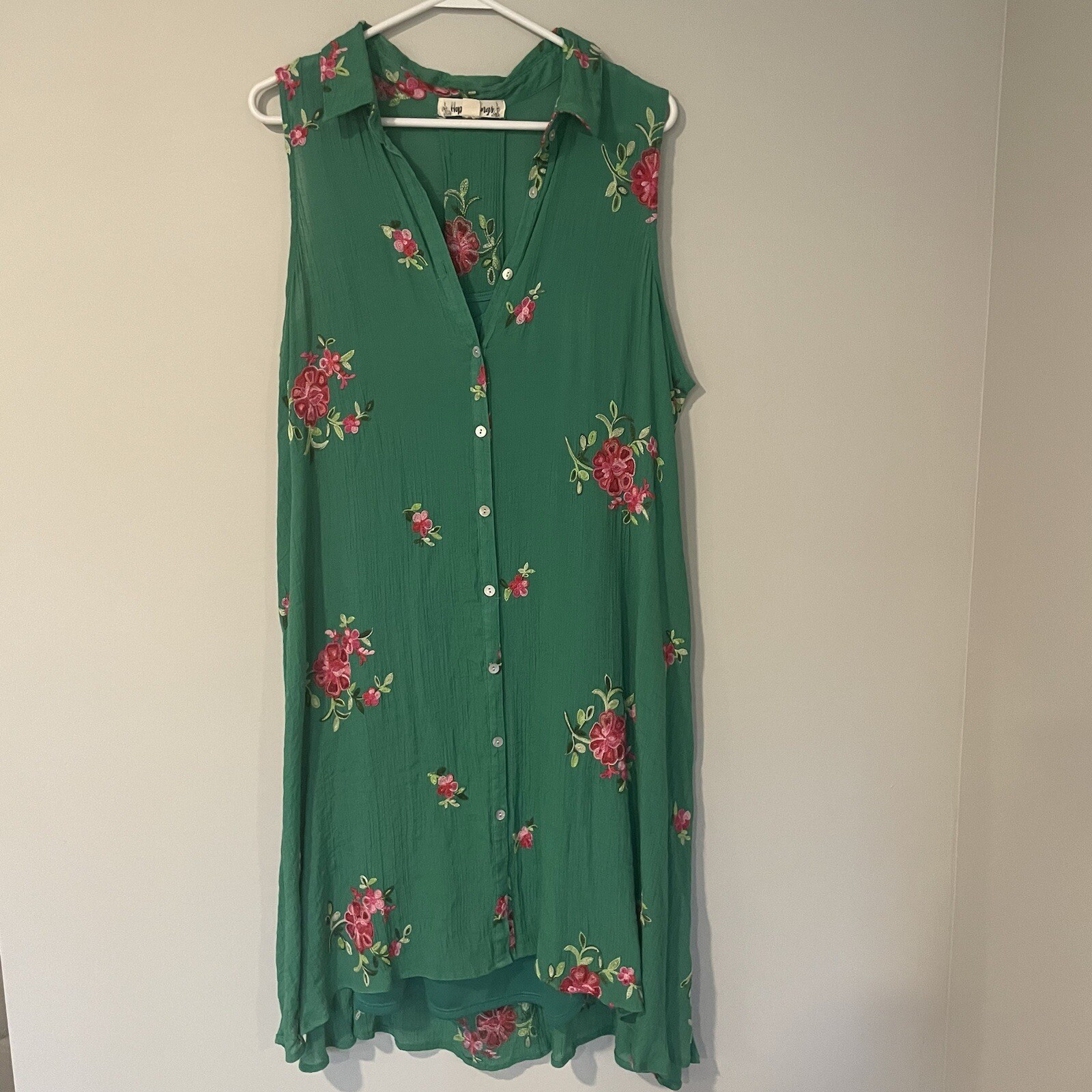Hope Springs Embroidered Floral Sleeveless Shirt Dress Women’s XL Lined Boho