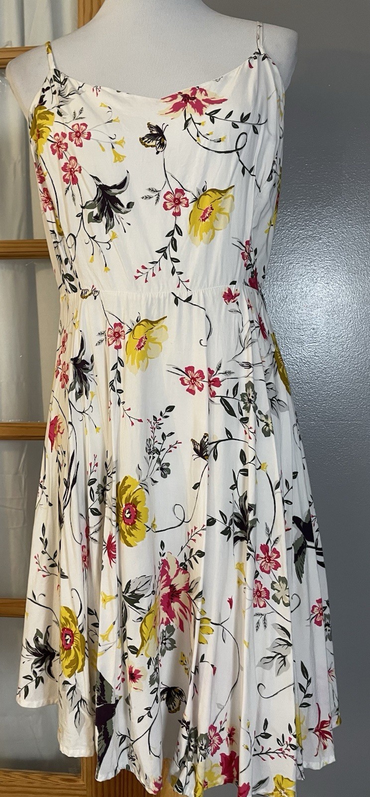 Y2K Floral A-Line Slip Dress XL White Yellow Smocked Spaghetti Strap Boho Beach