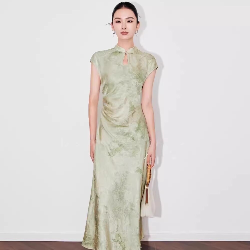Womens Stand Collar Floral Printed Mid Long Dress Sleeveless Retro Chinese Style