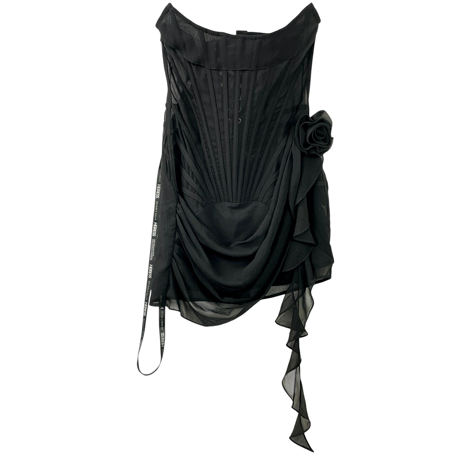 NEW Heiress Black Sleeveless Chiffon Mesh Corset Rosette Draped Mini Dress Sz M