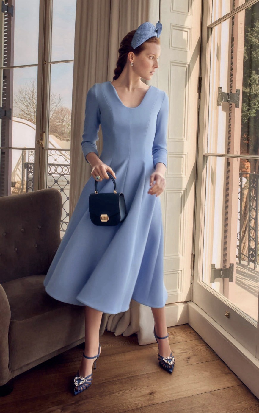 Suzannah London Arlena Midi Dress Breeze Blue Cloqué w/silk lining Size 8 UK